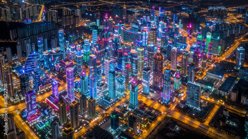 A city at night with neon lights on the buildings © Dmitriy