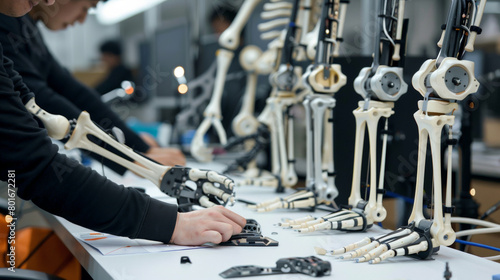 A man is working on a skeleton model with a group of other skeletons