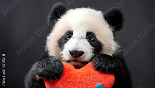 Panda cub clutching a colorful heart  a tender moment of love 