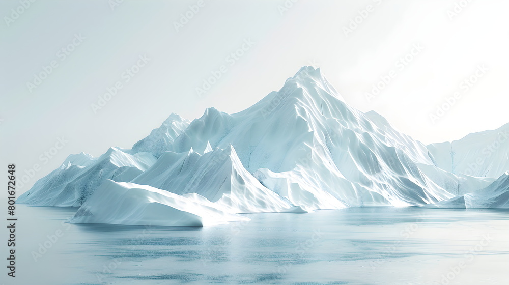 3D rendering of an abstract light white landscape background with a white rocky glacier in the middle of the ocean. Ice Mountain. White cold terrain, background image