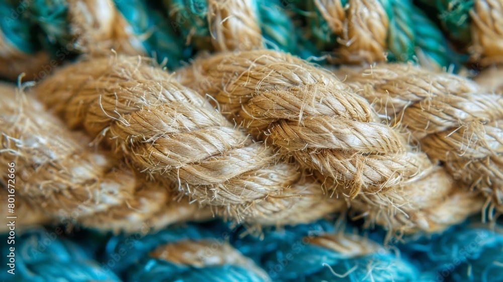 An up-close view of old textured ropes with intertwined fibers and hints of blue, suggesting years of nautical use.