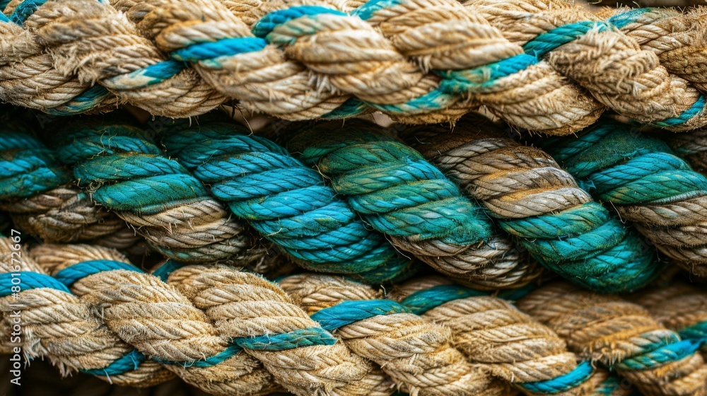 A close-up shot of thick intertwined ropes with signs of wear and blue strands, hinting at its maritime use.
