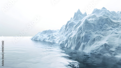 3D rendering of an abstract light white landscape background with a white rocky glacier in the middle of the ocean. Ice Mountain. White cold terrain, background image