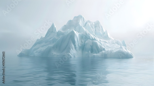 3D rendering of an abstract light white landscape background with a white rocky glacier in the middle of the ocean. Ice Mountain. White cold terrain  background image
