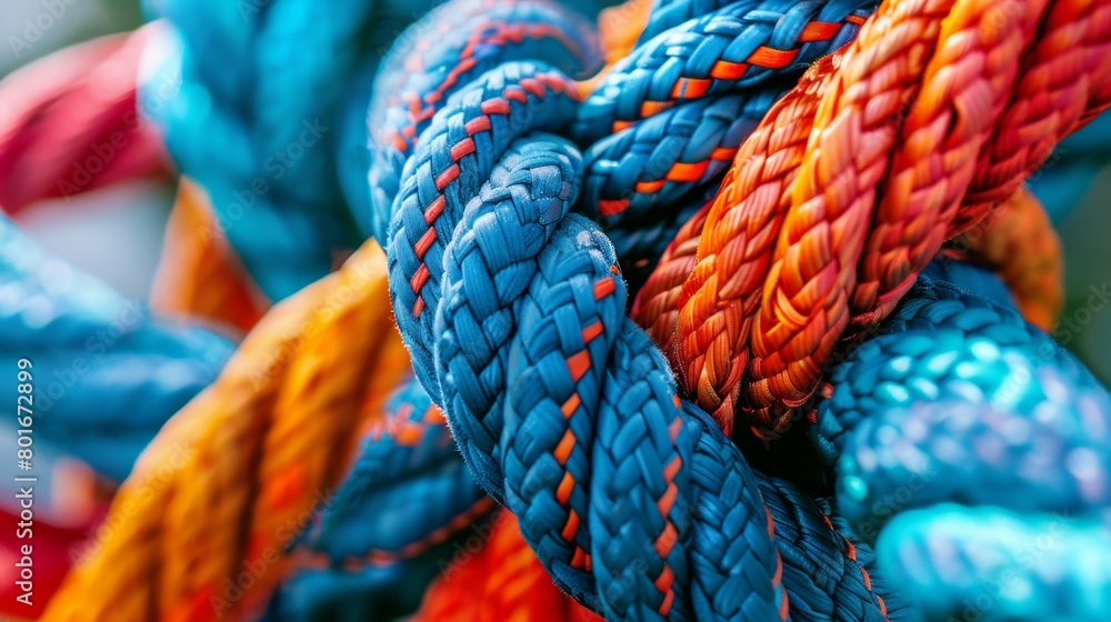 Intricately tangled colorful ropes represent the fusion of strength and artistry, essential in maritime operations, rendered in high detail to emphasize texture and utility.