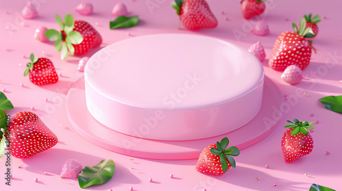 Strawberry Dreams: Stunning Hyperrealistic 3D Aerial View of Pink and White Themed Empty Stage