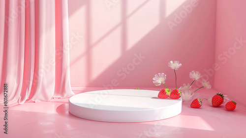 Hyperrealistic 3D Render of Empty Stage with Pink and White Themed Decoration, Aerial View