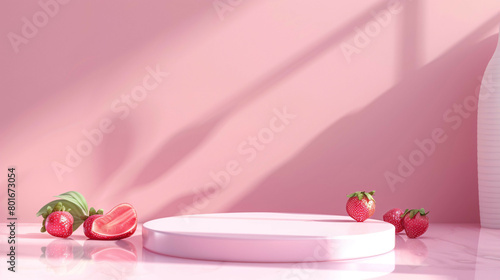 Hyperrealistic 3D Render of Empty Pink and White Themed Stage with Strawberry Decoration