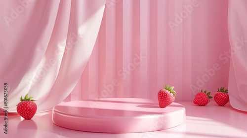 Hyperrealistic 3D Render: Empty Pink and White Themed Podium with Strawberry Decor