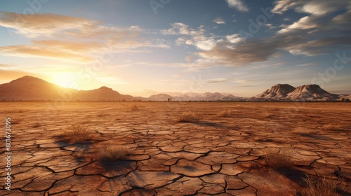 A vast desert landscape with a clear blue sky and a bright shining sun
