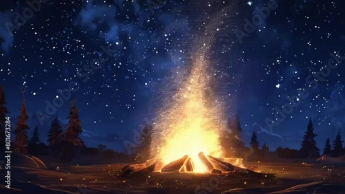 amp fire waving fire dust particles night starry sky animation loop. photo