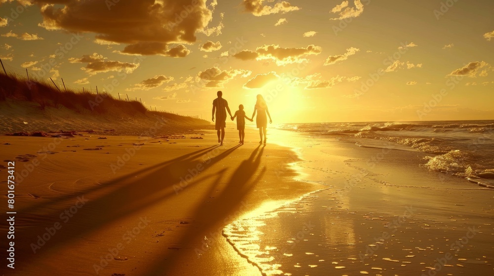Obraz premium Silhouette of a family holding hands walking along a beach at sunset with vibrant golden hues and dynamic waves adding a picturesque backdrop