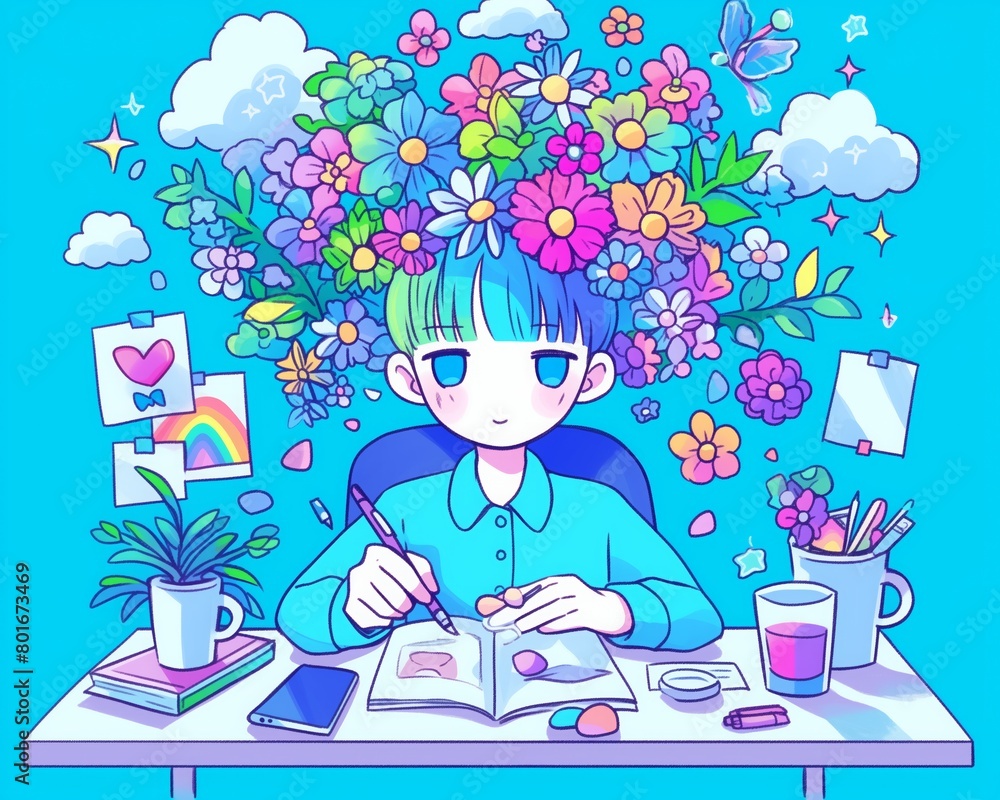 Anime-style illustration blue-haired boy studying desk lush flowers clouds Anime-style illustration blue-haired boy studying desk lush flowers clouds