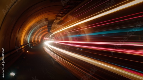 Dynamic capture of light trails in a tunnel, illustrating the effect of motion and speed with bright red and white streaks against a dark background.