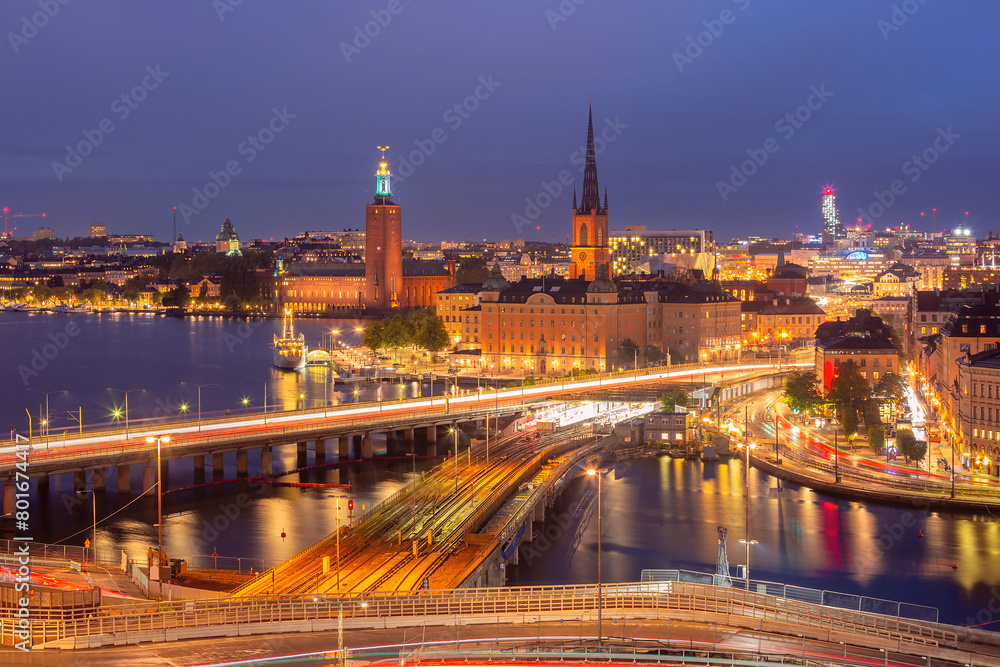 Aerial night view of Riddarholmen, Gamla Stan, in Old Town of Stockholm, capital of Sweden