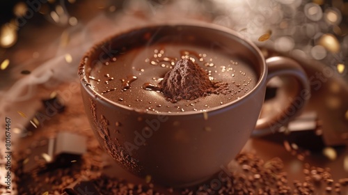 An enchanting image of a fudge-infused hot chocolate, its rich, creamy texture and decadent aroma offering a cozy and indulgent treat on National Fudge Day. photo