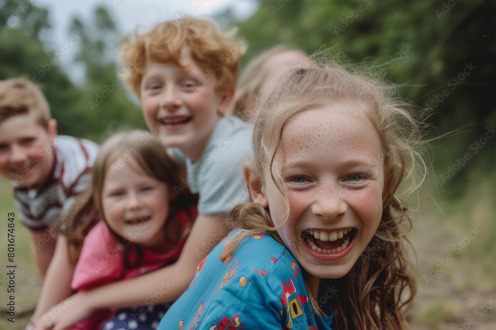 Portrait of a happy group of children outdoors. Selective focus. Portrait of a happy group of children outdoors. Selective focus.