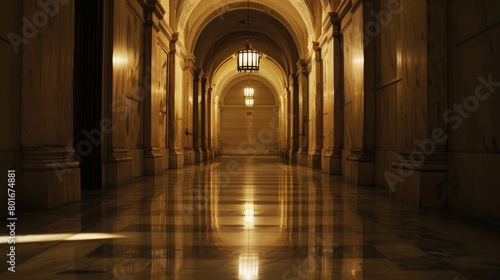 An enchanting image of a museum s dimly lit hallway  creating a sense of mystery and anticipation.