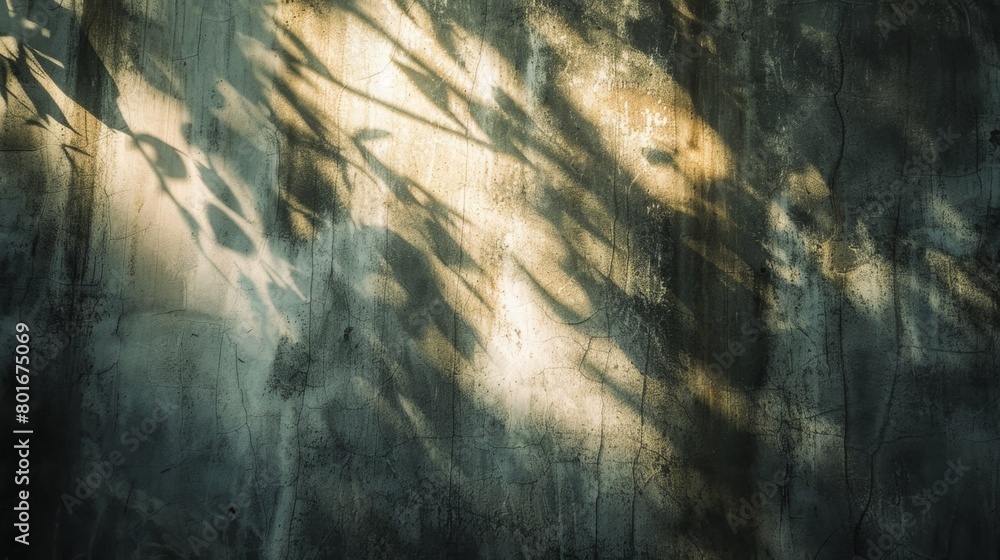 Shadows of tree branches cast on a textured concrete wall, creating an abstract and mysterious atmosphere enhanced by the sunlight.