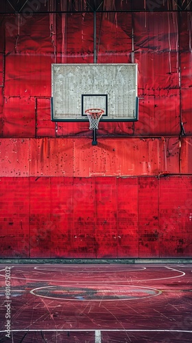 A basketball hoop is mounted on a red wall. The court is empty. © earthstudiotomo