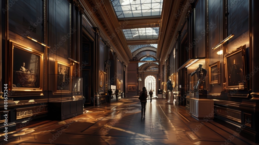 An enchanting image of a museum's dimly lit gallery, highlighting the artwork's subtle details and the visitors' engagement with the displays.