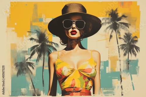 Fashionable woman in floral swimsuit and big hat, wearing large sunglasses. Tropical abstract background with palm trees © LiliGraphie