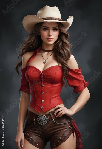a woman in a red cowboy hat is wearing a red cowboy hat. photo