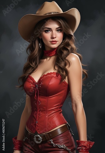 a woman in a red cowboy hat is wearing a red cowboy hat. photo