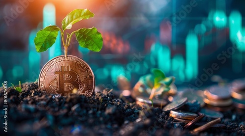 Small tree sprouting from an old copper coin with the bitcoin symbol on it, standing in dirt next to some coins and growing plants.