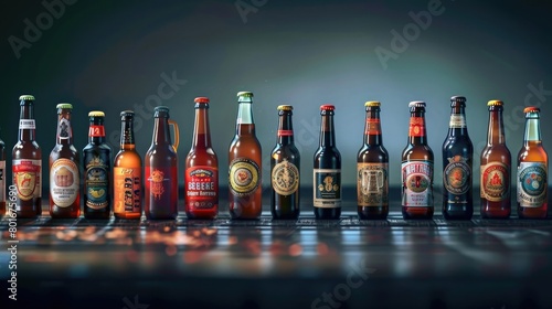 An enchanting image of a row of craft beer bottles, each label telling a unique story of flavor and craftsmanship on Beer Day Britain. photo