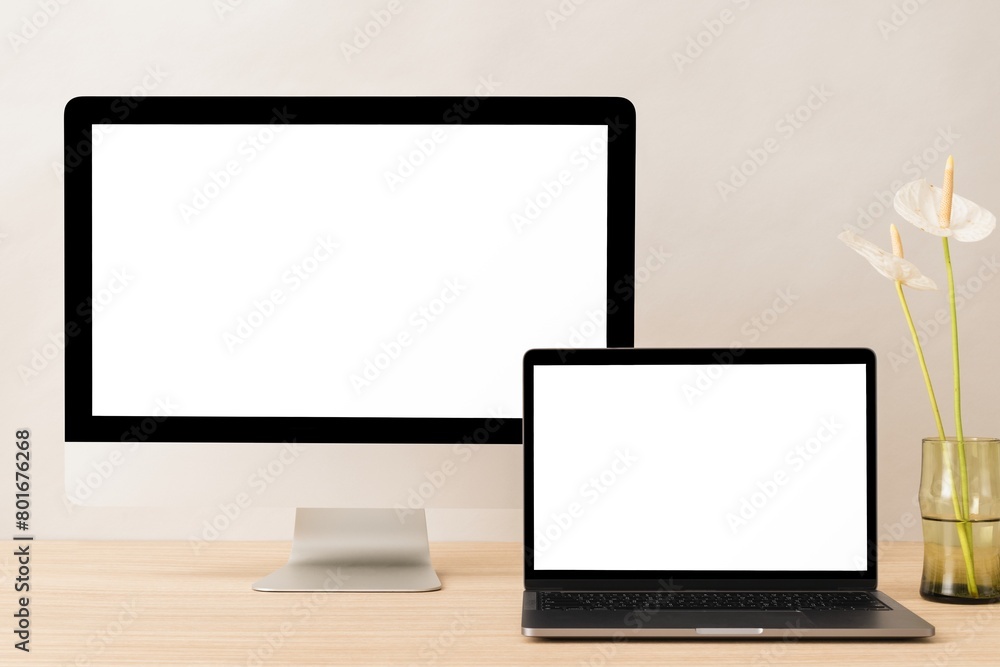 Digital devices with blank screens, aesthetic workspace Digital devices with blank screens, aesthetic workspace