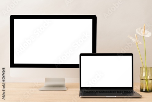 Digital devices with blank screens, aesthetic workspace