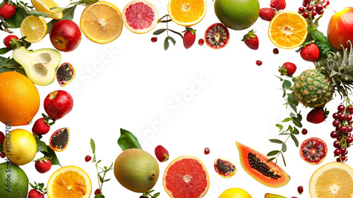 Fruit and vegetable frame  top view white background