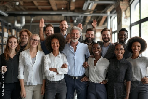 Portrait of happy diverse business team standing together in modern office. Multiethnic group of business people standing together and smiling photo