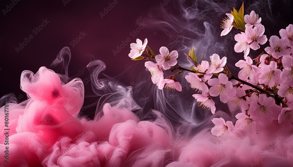 ai generative of red dark background with thin smoke and sakura