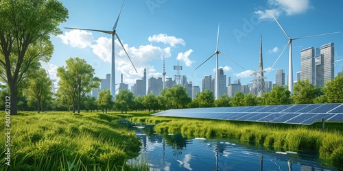 🌱 Renewable Energy in Nature with Wind Turbines and Solar Panels 🌳 Picturesque Scene with River, Trees, and Grass 🌞 Clean Energy Solutions in a Serene Environment 💨 Power Generation in Harmony