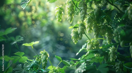 An enchanting image of hops vines in a brewery field, their lush green leaves hinting at the flavors to come in a pint on Beer Day Britain. photo