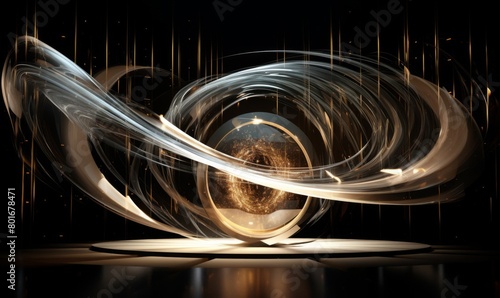 Captivating abstract digital art with golden swirls, a glowing sphere, and shimmering particles, creating a dynamic and energetic feel against a dark backdrop