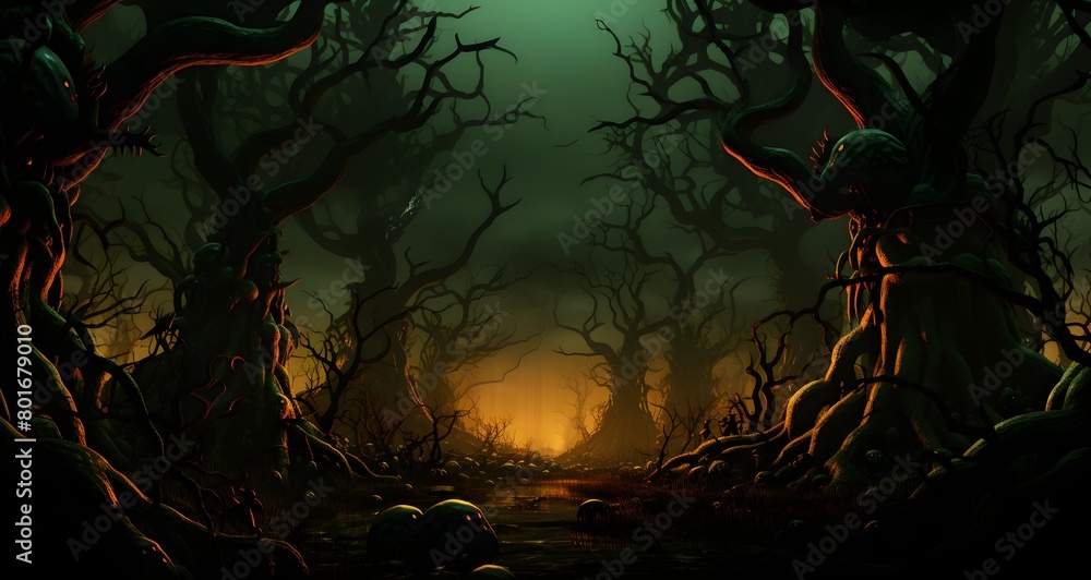 a dark, creepy scene with trees and an orange light