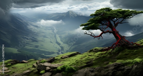 a tree that is in the grass near a mountain slope