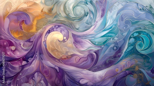 Mesmerizing watercolor swirls entwined with glittering amethyst  jade  and topaz accents in a harmonious union.