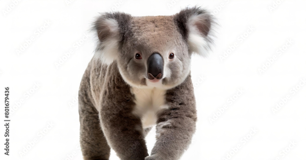 Fototapeta premium koala or koala bear - Phascolarctos cinereus - is an arboreal herbivorous marsupial native to Australia. walking and looking towards camera, cute and adorable, isolated cutout on white background