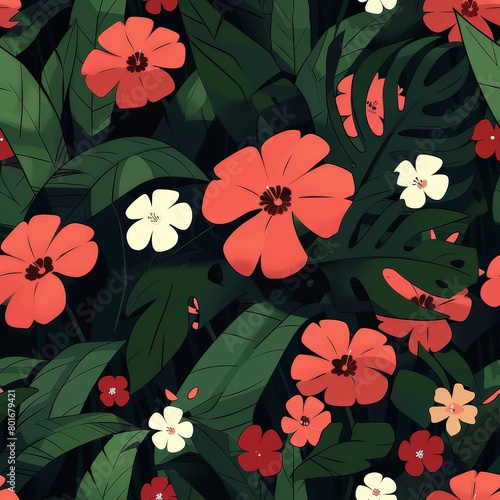 Vibrant red and white tropical flowers bloom across a dark  lush backdrop of green leaves in this floral pattern.