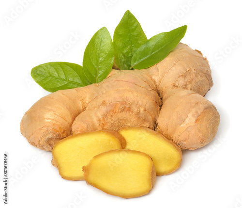 Fresh ginger root cut into cubes with leaves isolated on a white background