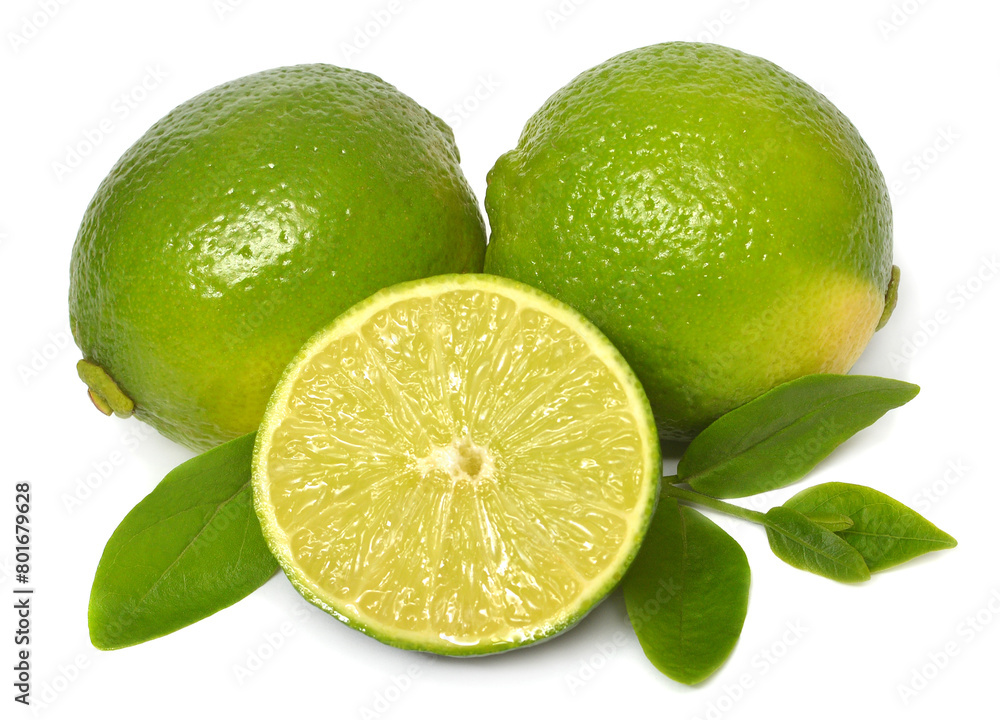 Lime fruit whole and slice with leaves isolated on white background