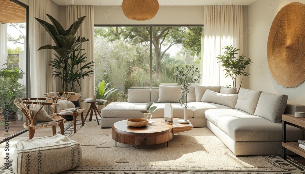 Obraz premium Modern Living Room with Soft Ivory Walls 🪑 Elegant Grey Furniture and Natural Wood Accents - Ideal for Stock Photos Featuring Contemporary Home Interiors and Minimalist Design