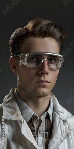 cientista com jaleco e óculos de segurança