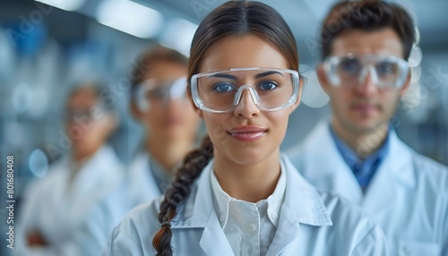 Portrait of engineers in lab coats and goggles, pioneering renewable energy innovations photo