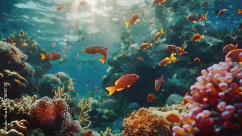 An enchanting underwater landscape with schools of colorful fish darting through a healthy coral reef, highlighting the biodiversity and wonder of marine ecosystems on World Reef Awareness Day.