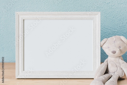 Kids room decoration, blank picture frame, plush bear toy